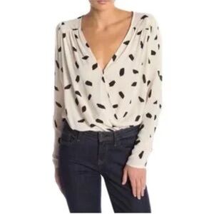 350 ASTR Cream Black Sheer Drape Front Bodysuit Medium Flowy Top